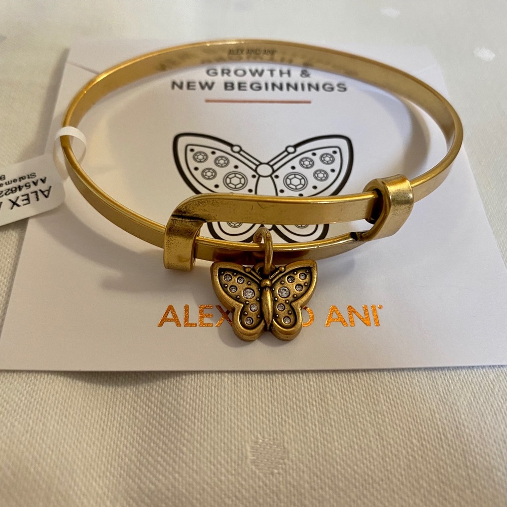 NWT Alex and Ani Crystal Butterfly Charm Bangle in Rafaelian Gold.